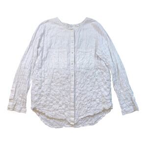 Margaret O'Leary White Crinkle Textured Cotton Gauze Button Down Shirt Large